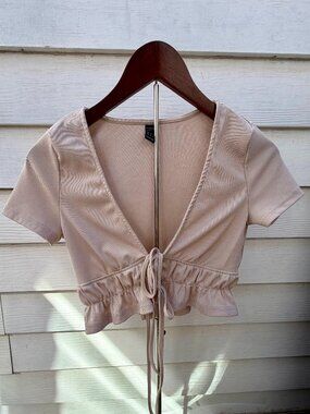 Shein Tie Front Ribbed Crop Top Taupe